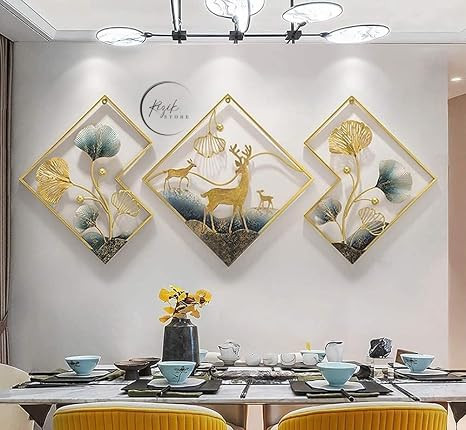 TA Metal Abstract Figures handcrafted Wall Sculpture wall art multicolor for Home Decoration, Living room, drwaing room & Bedroom (PACK OF 3) WDD-NEW (DEER GOLD)