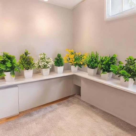 TA Artificial Potted Plants, 8 Pack Artificial Plastic Eucalyptus Plants Small Indoor Potted Houseplants, Small Faux Plants for Home Decor Bathroom Office Farmhouse Multicolour with Pot (Set of 8)