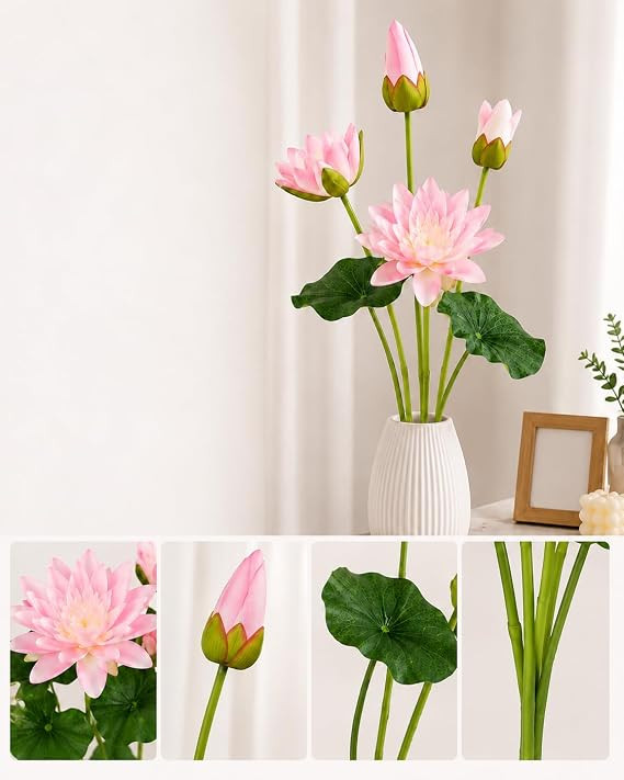 TA Artificial Lotus Flower Plant with Buds and Leaves, Pink | Lifelike Flowers & Buds, Zero Maintenance, Home & Office Decor, Temple & Hotel Use, Realistic Leaves