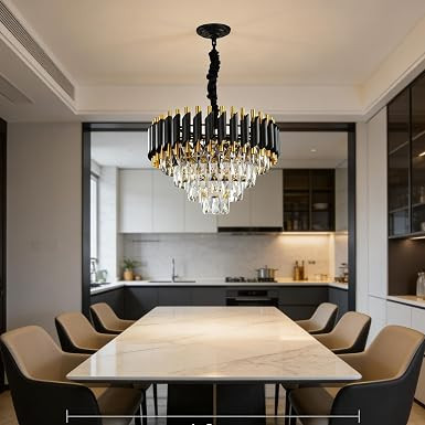TA Modern Crystal Round Chandelier Pendant Ceiling Light Raindrop Flush Mount Hanging Lamp for Dining Room Living Room Bedroom Foyer Hallway Entryway Black Mamba 500MM (20-Inches)