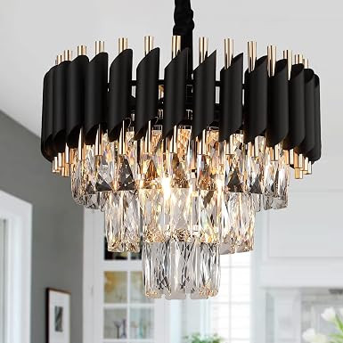 TA Modern Crystal Round Chandeliers Pendant Ceiling Light Raindrop Flush Mount Hanging Lamp for Dining Room Living Room Bedroom Foyer Hallway Entryway Black Mamba 400MM(16-Inches)