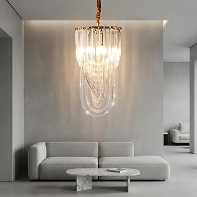 TA Crystal Curtain Pendant Ceiling Light, Clear Glass Hanging Chandelier with Adjustable Height & 3 Color LED, Modern Hanging Lights for Living Room, Dining Table, Bedroom & Hall