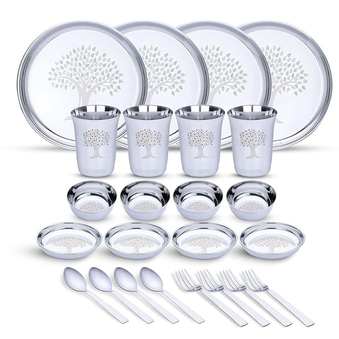 TA Steel Stainless Steel Dinner Set for 4 Persons | Complete Indian Thali Set with Plates, Bowls/Katori, Glass, Spoon & Fork | Tree Design Steel Dinnerware for Home (Set of 24- Serves 4)
