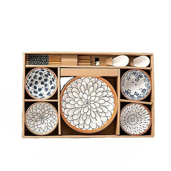 TA 14 Pieces Dinnerware Set, Ceramic Kitchen Floral Dinner Set, Quality Porcelain, Dishwasher Safe, Japanese Style, Apply To Soup, Pasta, Salad, (2 Plate+ 4 Bowl+ 4 Soup Spoon+ 4 Set Chop Stick)