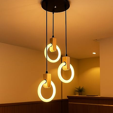 TA 3-Ring LED Pendant Light | Modern Hanging Ceiling Lamp with Wooden Accent & Warm White Glow | Decorative Chandelier for Living Room, Dining Room, Bedroom, Restaurants & Cafe Interior
