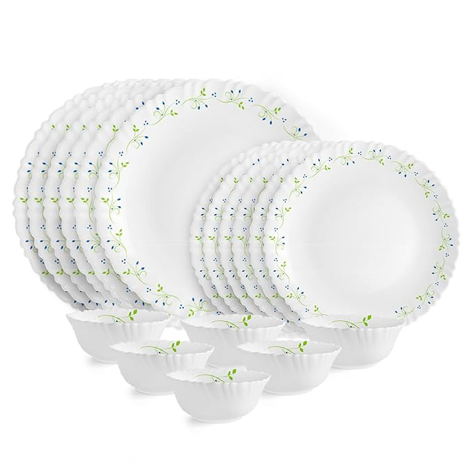 TA Dinner Set of 18 Pieces For Family of 6 | Bone-Ash Free & Leadfree Opal Glass, Microwave & Dishwasher Safe Plates & Bowls Crockery Set For Dining & Gifting