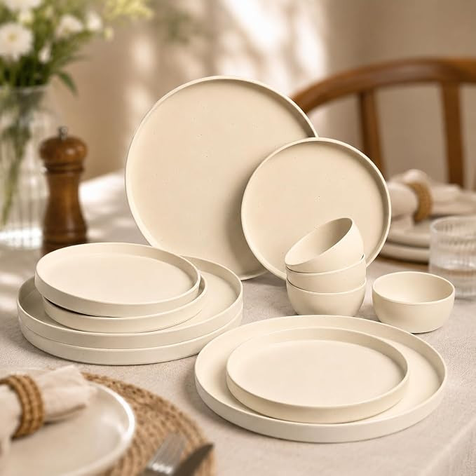 TA Duty Matte Minto Cream Sparkle Dinner Set – 12 Pcs | Premium Melamine Dinnerware with 4 Full Plates, 4 Side Plates & 4 Bowls | Stylish Tableware for Daily Meals, Kitchen Decor