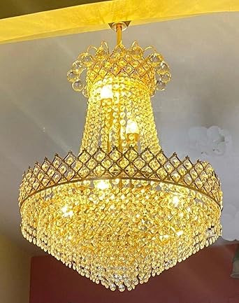 TA Glass Crystal Chandelier for Living Room | Gold Finish Glass Jhoomar | LED Compatible Ceiling Light | Big Size Jhumar for Hall Bedroom (40 x 40 x 77 CM)