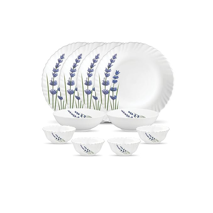 TA Glass Crockery for Family of 4 | Dinner Set 10 pcs English Lavender | Plates & Bowls for Dining | Microwave Safe | 100% Vegetarian | Extra Strong | Light & White
