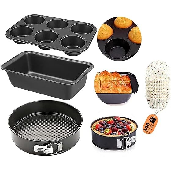 TA 4Pcs Baking Combo Set | Non-Stick Springform Cake Tin, Bread Loaf Pan & 6 Cup Muffin Tray & 100 Liners | Oven OTG Microwave Air Fryer Safe | Carbon Steel Bakeware Set for Cake & Cupcake