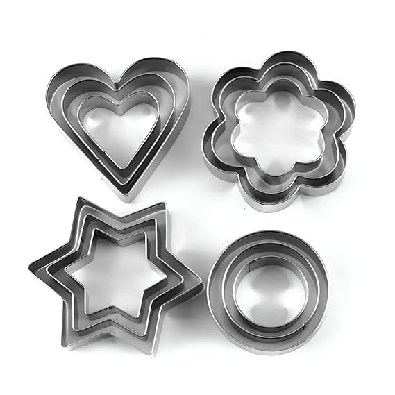 TA Generic Cookie Cutter Stainless Steel Cookie Cutter with Shape Heart Round Star and Flower (12 Pieces) for Home and Kitchen Ideal for Daily Use Eco-Friendly Durable and Long-Lasting
