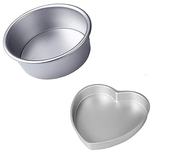 TA Rasoiware Aluminium Heart Shape Cake Mould 7 Inch & Aluminium Round Shape Cake Mould 7 Inch -Set Of 2, Silver