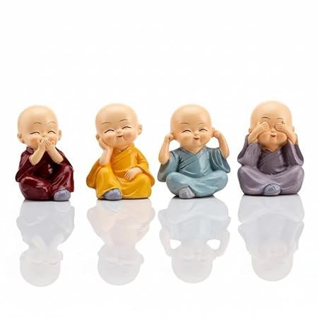 TA Decorative Mini Monk Figurines Set, 4 Pieces, Multicolor Robes in Maroon, Yellow, Blue and Lavender, Zen Buddhist Meditation Decor for Home and Office
