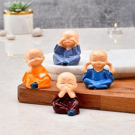 TA Market Flow Supplies Little Monk Buddha Set of 4 Statues for Home, Workspace, and Car Dashboard - 5 cm Feng Shui & Vastu Showpiece (Polyresin, Multicolor)