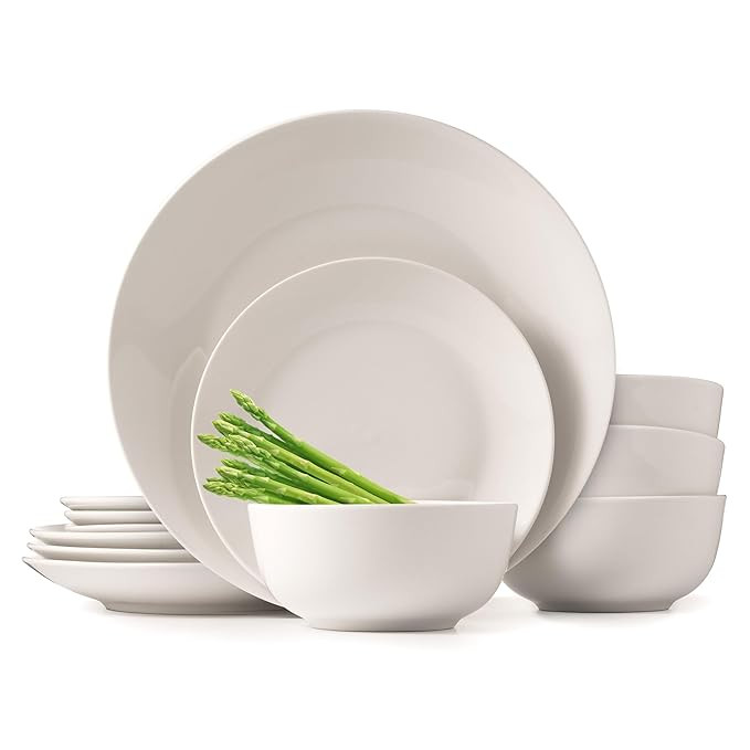 TA Dinnerware Sets, Fine Porcelain Dinnerware Sets, Plates and Bowls Sets, Dishes, 12-Piece Service for 4, Soft White