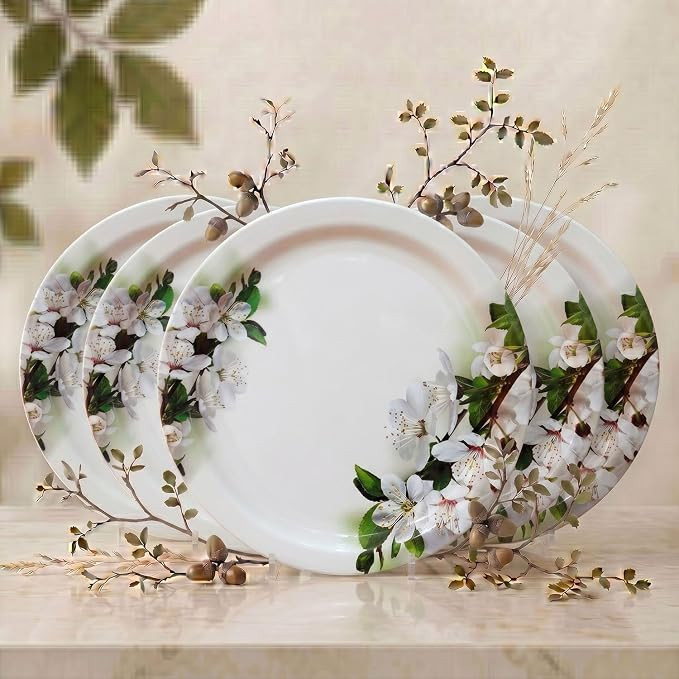 TA Floral Dinnerware Set for 6| Melamine Vintage Flower Design Floral Dinnerware Plates Set| Modern Kitchen Dining Set| Set of 6 | 11 Inch's (1000 ML Each) (Green Flower)