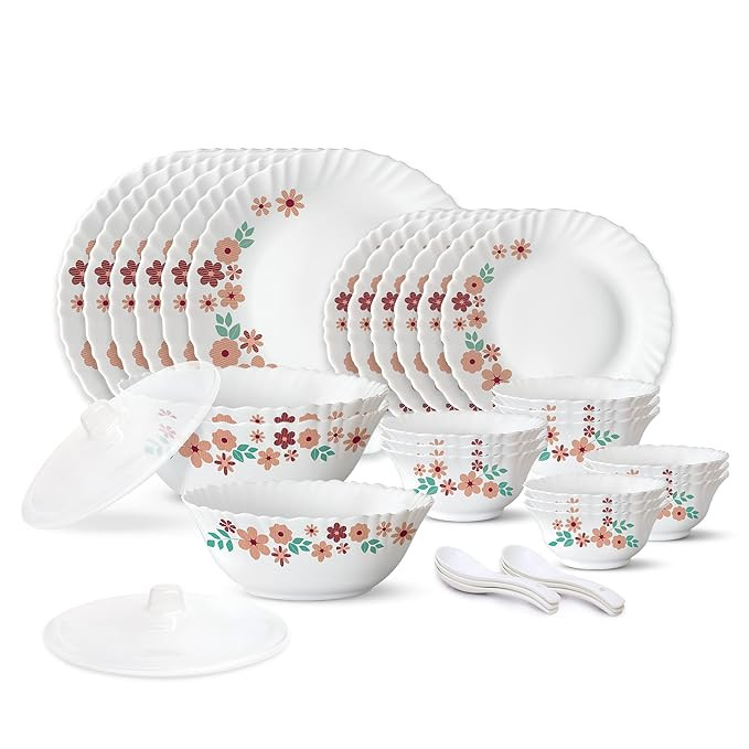 TA 35 Pieces Opalware Dinner Set | for Family of 6 | Microwave & Dishwasher Safe | Bone-Ash Free | Crockery Set for Dining & Gifting | Plates & Bowls