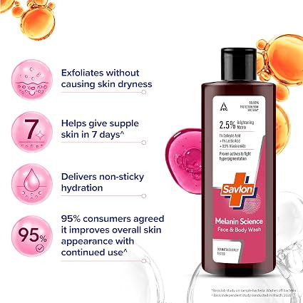 TA Savlon Melanin Science Face & Body Wash 250ml | With 1% Salicylic Acid + 1% Lactic Acid + 0.5% Niacinamide | Fights Hyperpigmentation | Helps Renew Dull Skin in 7 Days | Dermatologically Tested