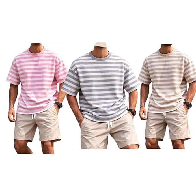TA Men's Striped Cotton T-Shirt Short Sleeve Crew Neck Casual Tee, Lightweight Breathable Casual Use, Classic Stripe Pattern for Daily Use, Comfortable Fit Summer T-Shirt, 3 Pack