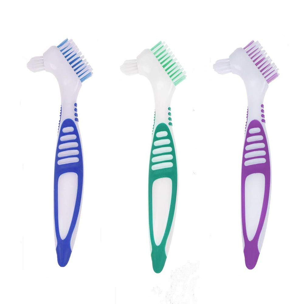 TA 3 Pcs Denture Cleaning Brush Portable Cleaning Brush False Teeth Brushes for Denture Care Denture Cleaner with Multi-Layered Soft Bristles and Dual Angled