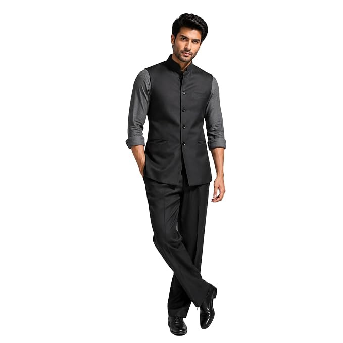 TA Men Black Nehru Jacket | Ethnic Waistcoat for Men | Mandarin Collar Sleeveless Jacket | Stylish Festive Wedding Party Wearing Jacket