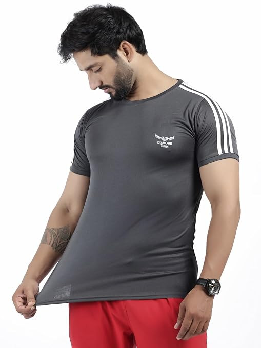 TA Diamond Fashion Men's Dry Fit Gym T-Shirt | Quick Dry Sports Wear for Workout, Running, Training | Athletic Fit Half Sleeve Tee with Stripes