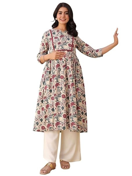 TA  Maternity Anarkali Dresses for Women with Feeding Zip - Floral Breastfeeding Maternity Gown Kurti for Pregnant Women - Nursing Pre and Post Pregnancy Wear