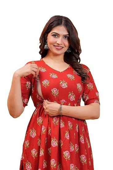 TA Women's Pure Cotton Maternity Feeding Kurti Maternity Kurta with Invisible Side Zipper
