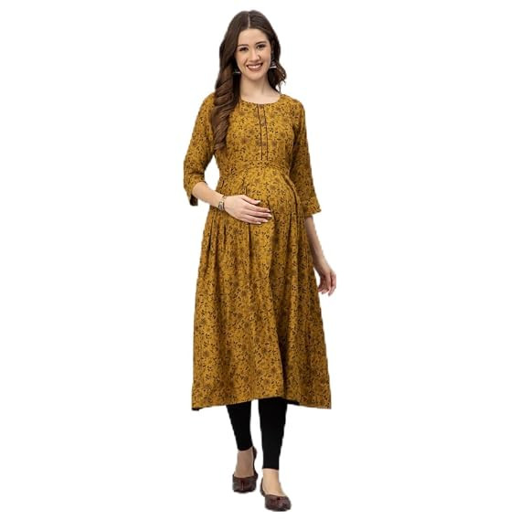 TA  Cotton Rayon A-Line Flared Maternity Feeding Kurti for Women with Zippers | Maxi Gown Dress for Women | Breastfeeding Dress for Mothers | Feeding Kurti for Women | Maternity Wear for Women