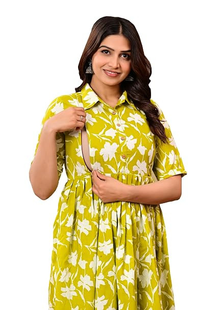 TA Women’s Printed Cotton Maternity Dress | Feeding Kurti with Dual Side Zippers | Pregnancy, Nursing & Post-Delivery Wear