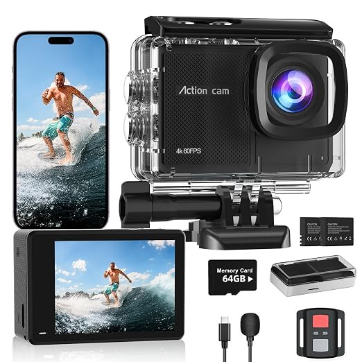 4K 60FPS Action Camera with 64GB Card-48MP Waterproof Camera,40M Underwater Camera,8X Zoom,EIS Stabilization,WiFi,Remote Control,MotorcycleCamera with 2 Rechargeable Batteries.