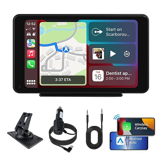 plimpton Portable Carplay Android Auto Screen for Car 7 Inch IPS Touch Screen Wireless Car Play for iOS Driveplay Multimedia Player with Voice Control, BT, Mirror Link for All Vehicle