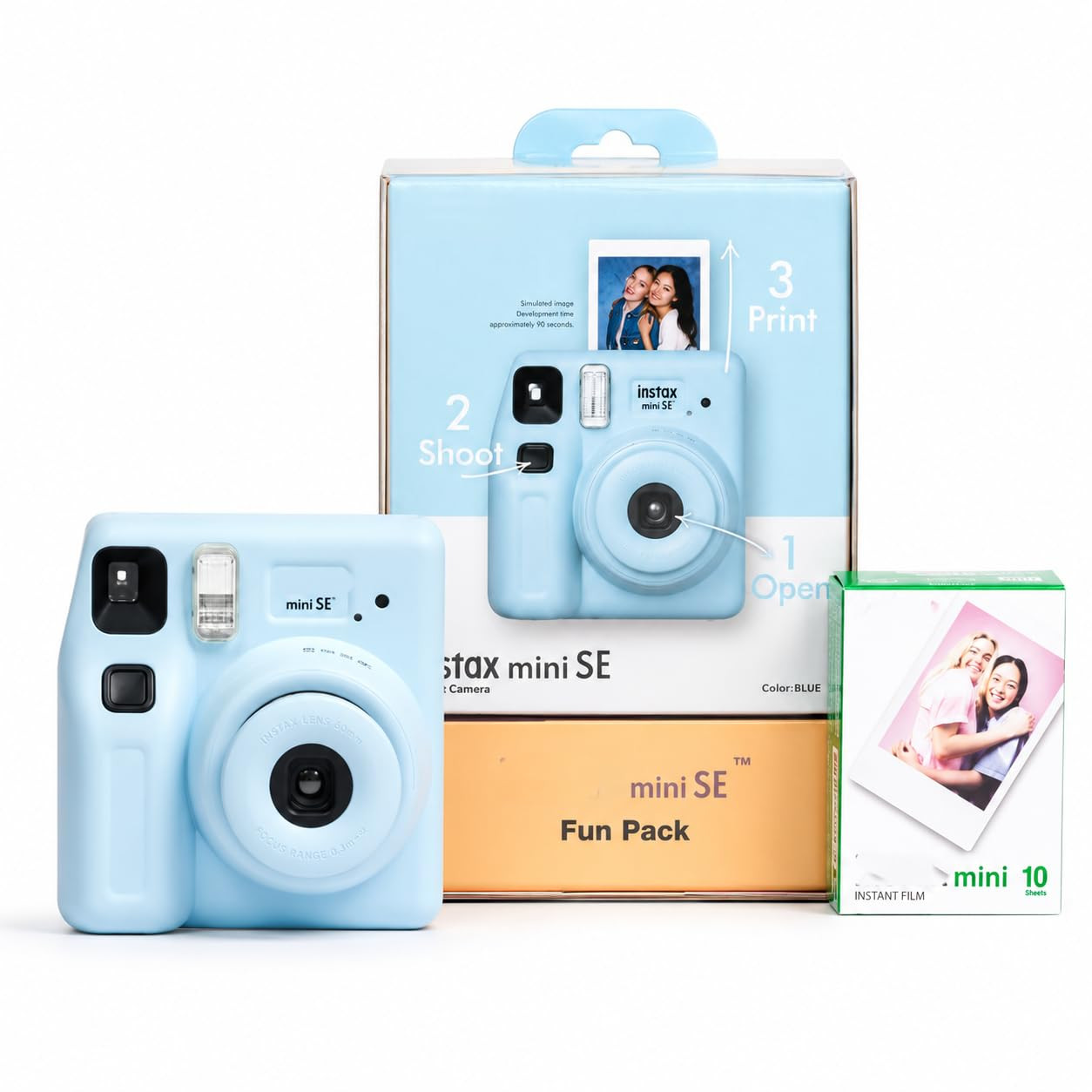 Mini SE Fun Pack Instant Camera with Instant Film, Mini Photo Printer Camera (Blue)