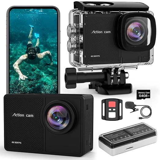 4K60fps Action Camera Waterproof Camera with 64G SD Card 48MP HD WiFi Camera with EIS 40M UnderwaterCamera Wide Angle SportsCamera with 2 * 1350 mAh Batteries Helmet Mount Accessories Kit.