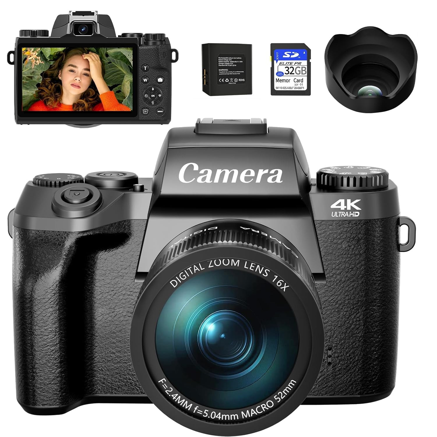 DK Digital Camera, 4K Cameras for Photography and Video, 64MP WiFi Touchscreen, Vlogging Camera for YouTube with Flash, 32GB Card, Sunshade, 3000mAh Battery, Front Cameras