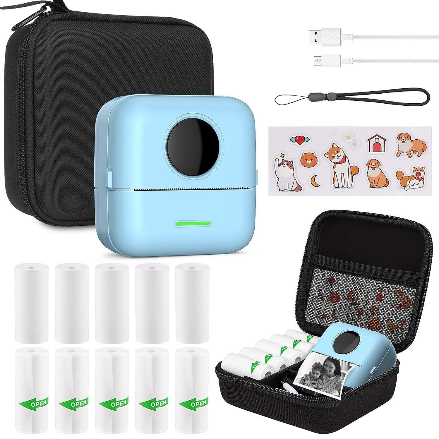 Mini Printer with Bag, Mini Label Printer Bag, Portable Mini Photo Printer, 10 Rolls Printer Paper, Bluetooth Photo Printer, Thermal Printer for Learning Aid, Learning Notes, Journal, Memo
