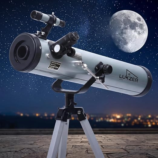Lukzer Reflector Telescope for Kids & Beginners, Astronomical Telescope for Moon Viewing, Stargazing, Nature Observation & STEM Learning, Manual Focus Portable Telescope (Silver/F70076)