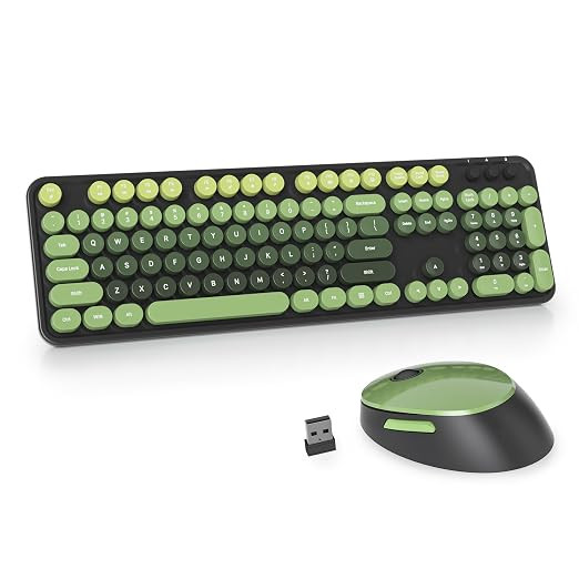 Guffercty kred Dark Green Keyboard and Mouse Wireless, Retro Typewriter Cute Colorful Wireless Keyboard Full-Size 2.4GHz with Round Keycaps for Desktop Laptop and PC(Black Green).