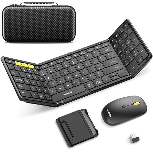 Samsers Foldable Keyboard&Mouse, Samsers Folding Bluetooth Keyboard Mouse Combo, 2.4G + BT5.0 x 2, Full-Size Portable Travel Keyboard & USB-C Rechargeable Wireless Mouse for iOS Android Windows Mac OS.
