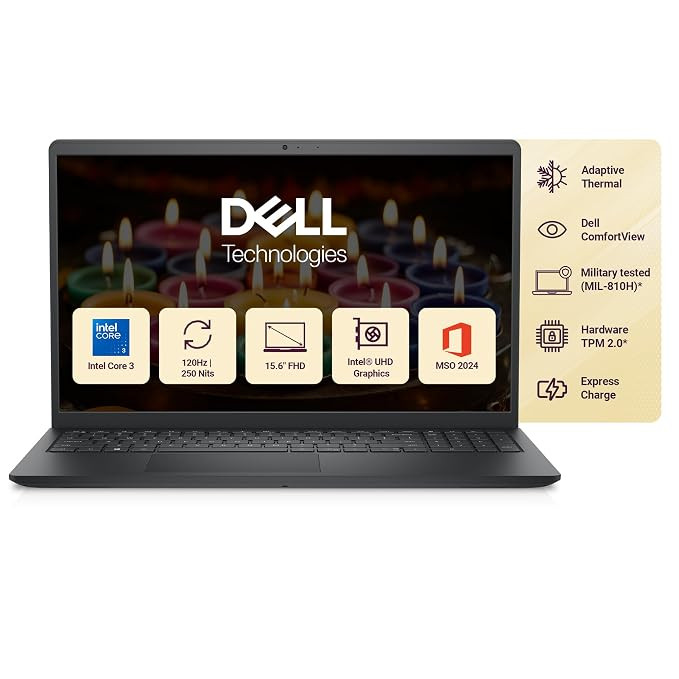 Dell 15 (Previously Inspiron) Laptop, 14th Gen Intel Core i3/Core 3 100U Processor, 8GB DDR4, 512 SSD, 15.6" FHD 120Hz IPS AG 250 nit Display, Win 11 + Office H&S 2024, Carbon Black, 1.63Kg.