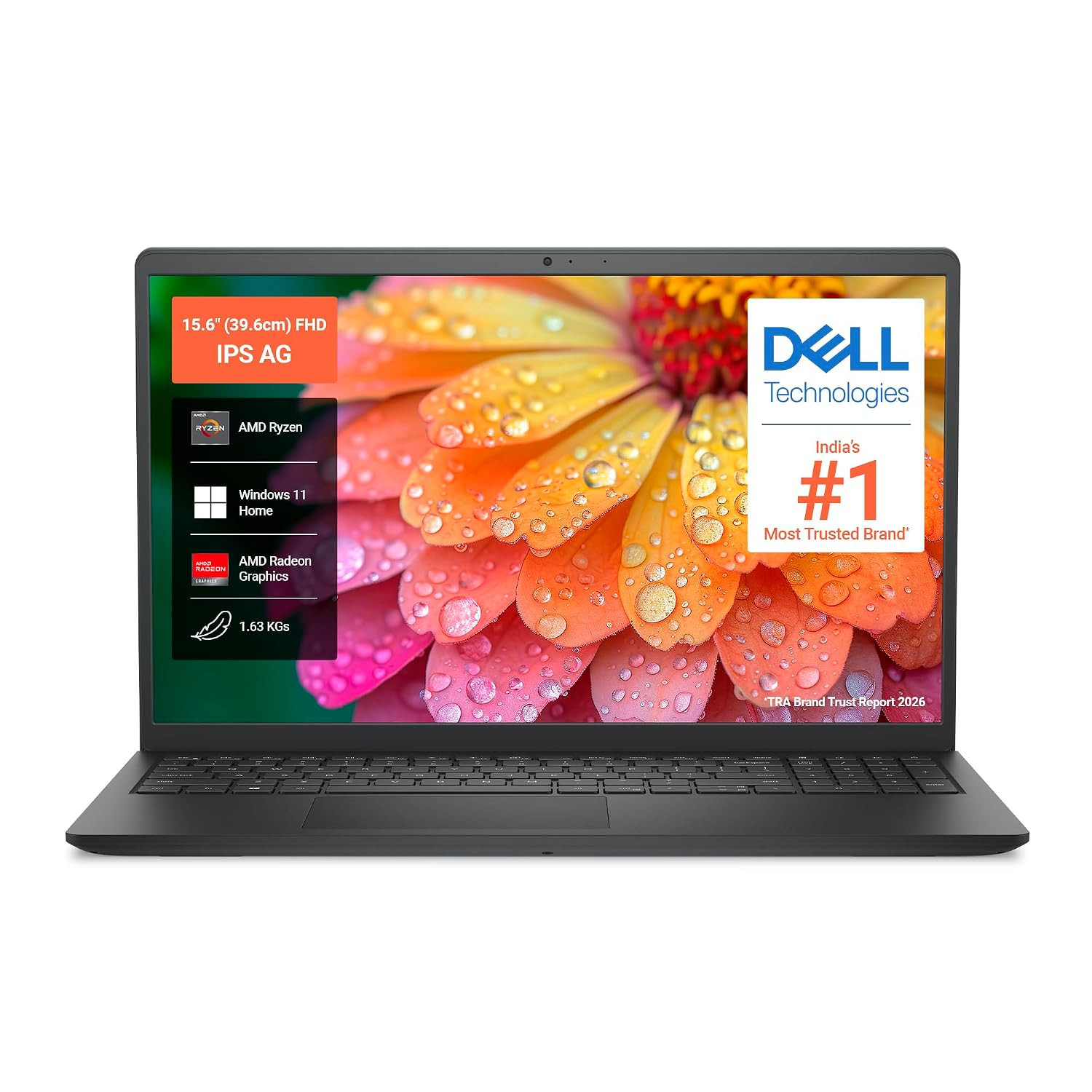 Dell 15 (Previously Inspiron), R5-7520U Processor, 8GB LPDDR5 RAM, 512GB SSD, FHD 15.6"/39.62 cm Display, Windows 11 Home, Carbon Black, 1.63kg, Standard Keyboard, 15 Month McAfee, Thin & Light Laptop.