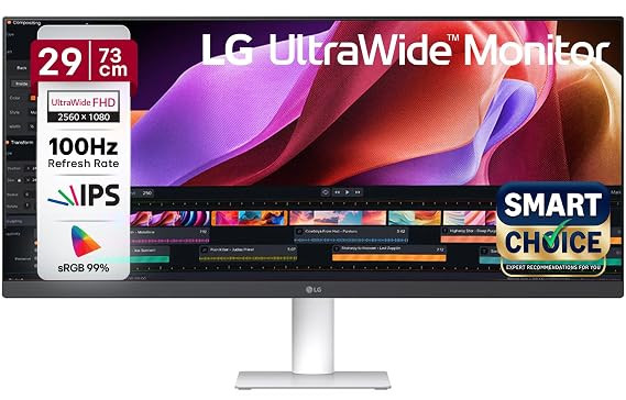 LG 29U531A Smartchoice 73 cm (29 Inch) UltraWide WFHD (2560x1080) IPS Monitor, 100Hz, 5ms(GtG), Anti-Glare, HDR10, 3-Side Virtually Borderless, HDMI, DP, USB-C, Speakers, Tilt Adjustable (White)
