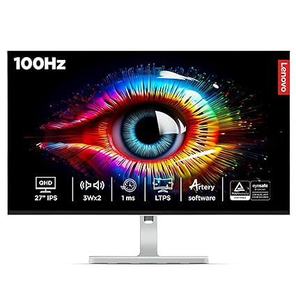 Lenovo L-Series 27 inch (68.5cm) QHD IPS Monitor| 100Hz, 1ms, FreeSync, 99% sRGB, 90% DCI-P3, 3Wx2 Speakers, 2X HDMI 2.1, 1x DP 1.4, Tilt, Swivel, Pivot Height Adjust Stand, Grey, L27q-4A