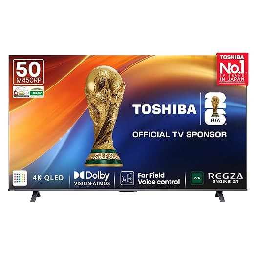 Toshiba 126 cm (50 Inches) 4K Ultra HD Smart QLED TV | Dolby Atmos, HDR10+ | 24W Powerful Speakers | AI Sports Mode and 4K Upscaling | REGZA Engine ZR | Voice Control | VIDAA OS | 50M450RP (Black)