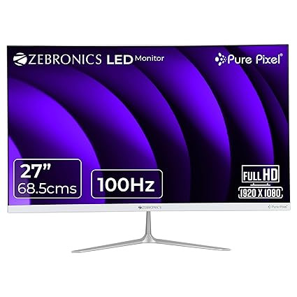 ZEBRONICS 27” (68.5 cm) Bezel-Less LED Monitor, 100Hz Refresh Rate, IPS Display, HDMI, VGA, FHD 1920x1080, 250nits, Built-in Speaker, 16:9 Aspect Ratio, Anti-Glare Screen, 16.7M Colors (SA127, White)