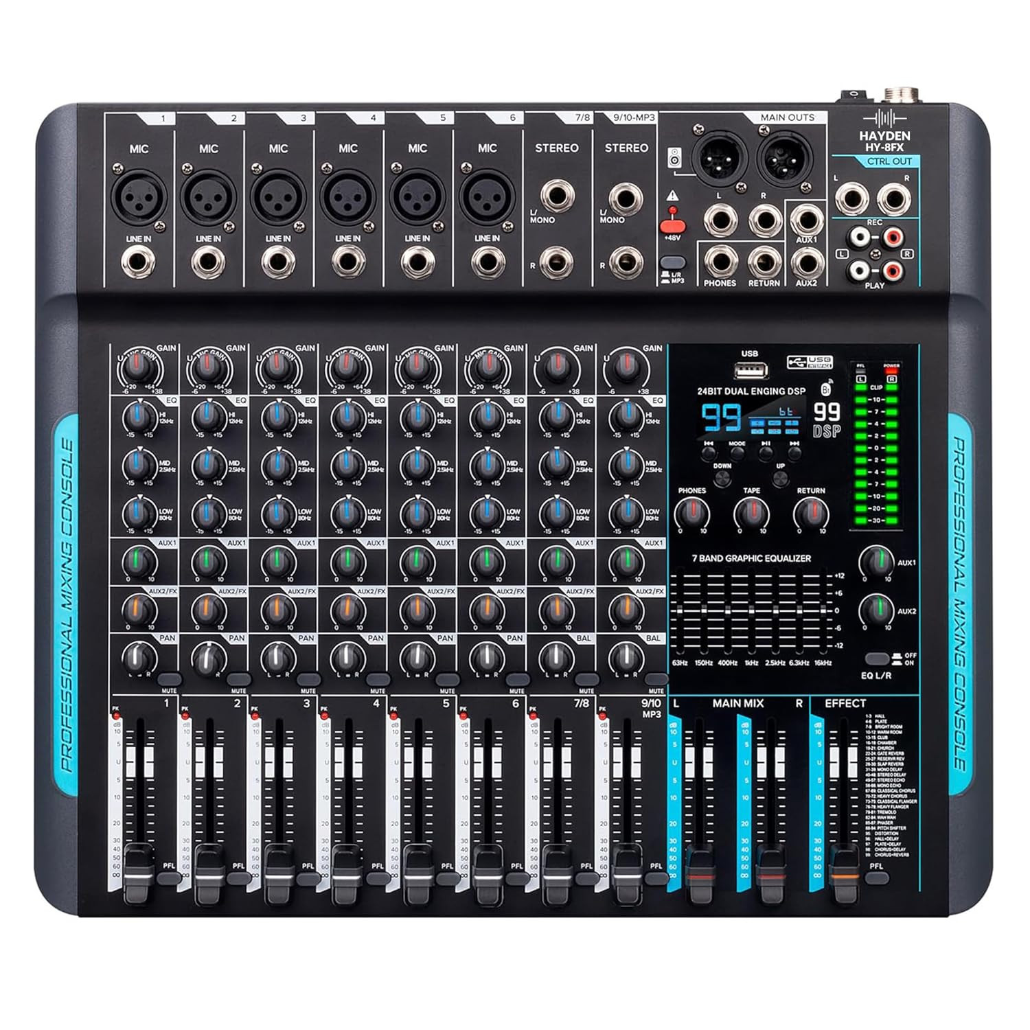 hayden HY-8FX 10-Channel DJ Mixer With 99 DSP Reverb, 7-Band EQ, USB, Bluetooth, 48V Phantom, One-Click Mute Pro Sound Console For Recording, Stage, Studio, And Live Performance, Black