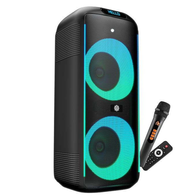 DIGIMORE 160W PartyBox Speaker w/Wireless Mic | Dual 6.5" Boombox Speakers | AI Sound Boost & Deep Base Sound | RGB Lights, 10Hrs Battery & BT 5.3/USB/AUX for Parties & Gatherings (D-1362 Pro)