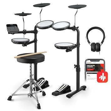 Donner DED-70 Electric Drum Set, Electric Drums with 4 Quiet Mesh Drum Pads, 2 Switch Pedal, Portable and Solid Drum Set with Type-C Charging, 68+ Sounds, Throne, Headphones, Sticks, Melodics Lessons