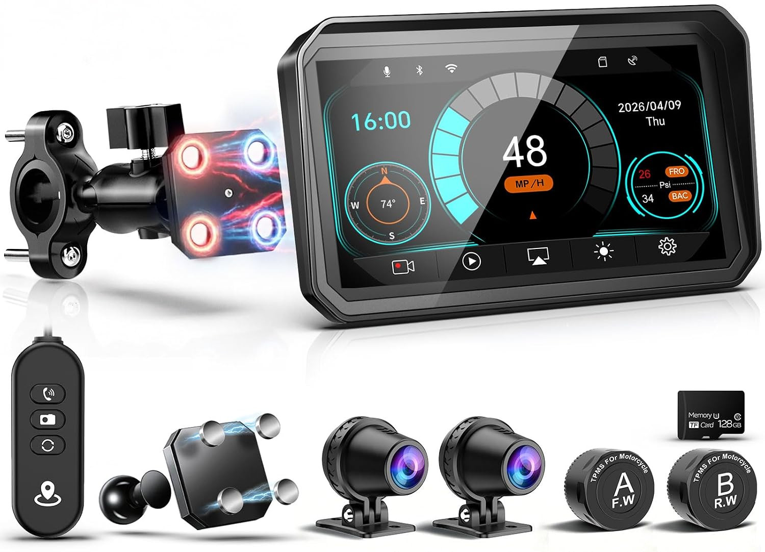 2026 LBW 6" Portable Motorcycle CarPlay GPS(Includes 128G SD), with Wireless Android Auto, Dual 2K Dash Cam/Recorder, Navigation, HD Waterproof Touchscreen, Quick-Release Magnetic Bracket, TPMS, BT