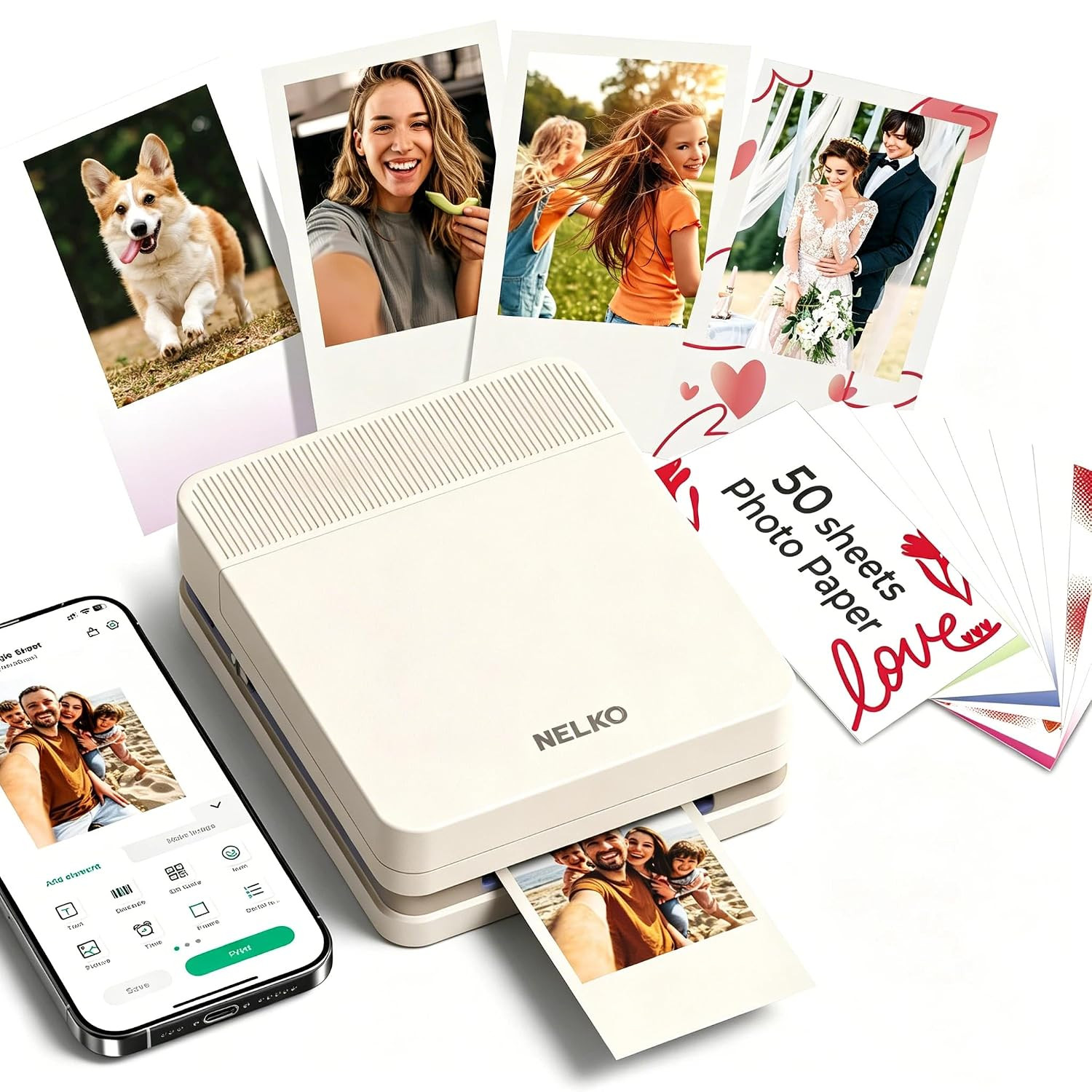 Nelko Portable Photo Printer, PP03 Color Mini Instant Photo Printer, Beige Premium Prints, Color Instant Inkjet Printer with 50 Sheets of Photo Paper, Bluetooth, for Party, Family, Travel, DIY